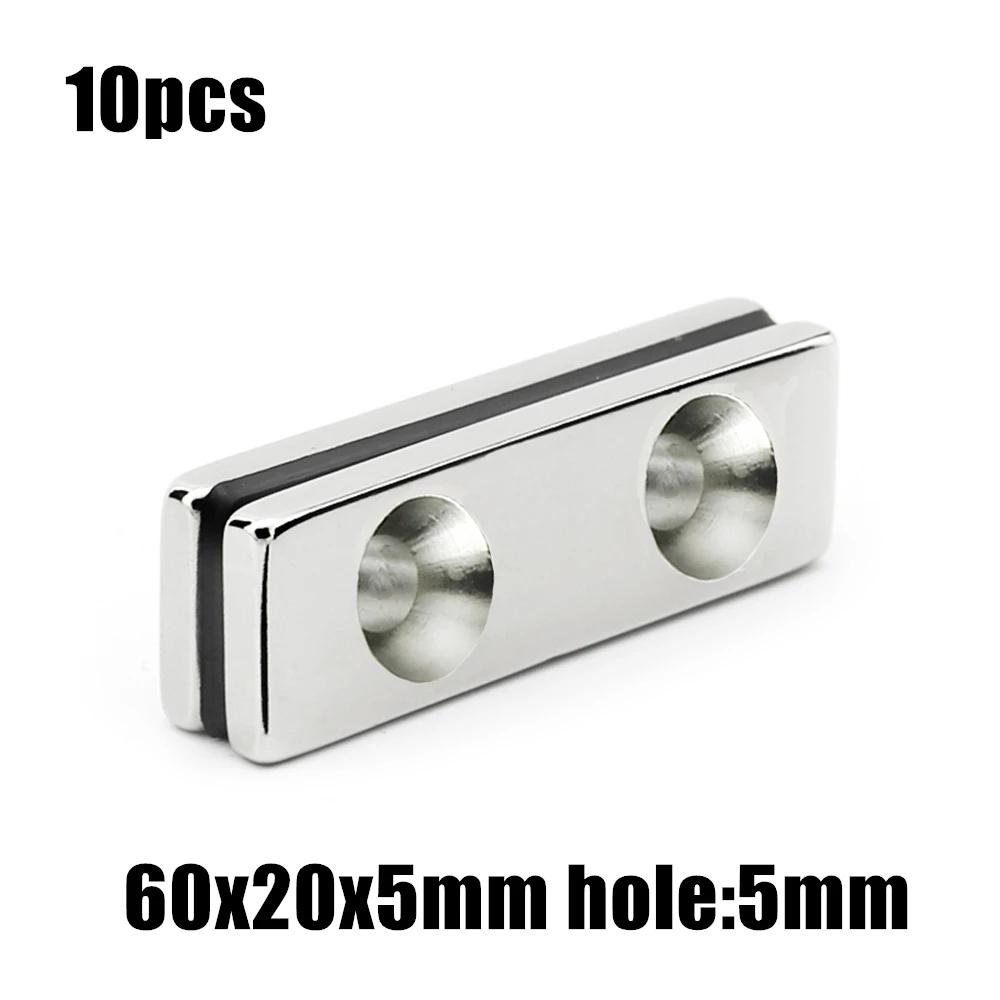 10pcs 60x20x5mm diery:5 mm double hole Blok NdFeB Neodýmu N35 Magnet 60x20x5-5 mm Super Výkonný permanentnými