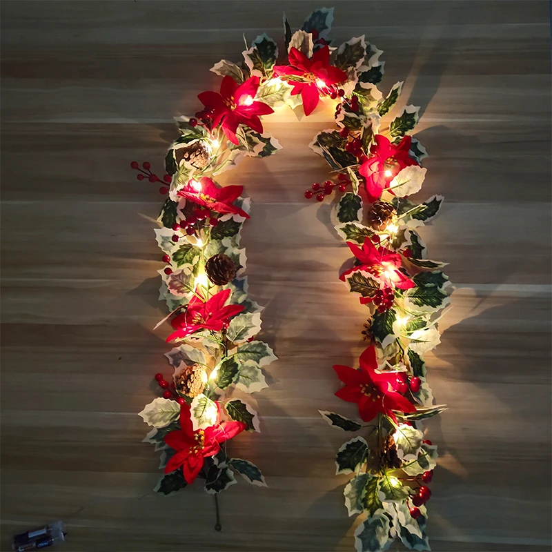 180 cm Vianoce Vína s LED Svetlo Žiariace Umelé Viniča Berry Pinecone Leaf Ratan Umelé kvety, Vianoce Domov Dekor