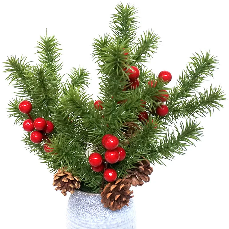 1PC Vianočné Dodávky Simulácia Plastové Borovica Pobočka Red Berried DIY Vianočný Strom Dekorácie Kvet Usporiadanie Materiálu