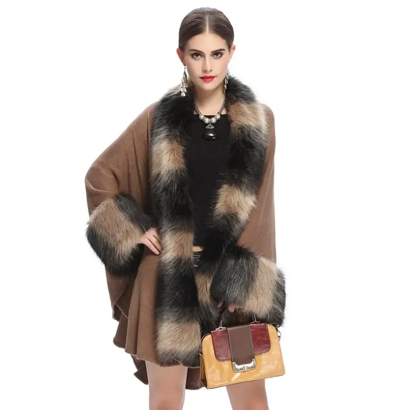 2019 Európe Dlho Módne Ženy Faux fox kožušiny golier Pletený sveter Kabát, Vetrovka Klope Outwear Zimné Luxusný Sveter Cape Plášť w708