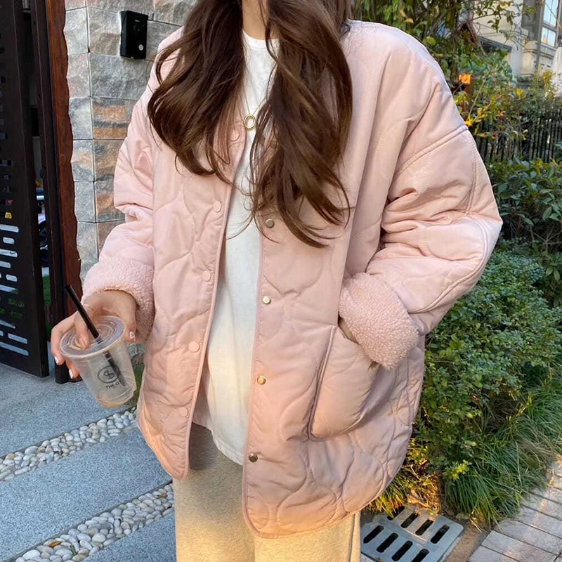 2021 Pink s Dlhým Rukávom Zimný Kabát Ženy Módneho tvaru Voľné Teplá Bunda Parkas Ženy kórejský Biela Vrecku Bundy Baránok Oblečenie