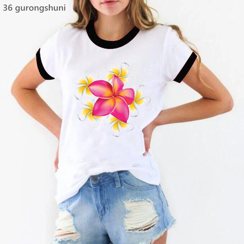 2022 Hot Predaj Funny T Shirt Dievčatá Plumeria Aloha Grafické Tlače Tričko Letné Módne Biele Tričko Ženy Kórejský Štýl Oblečenie