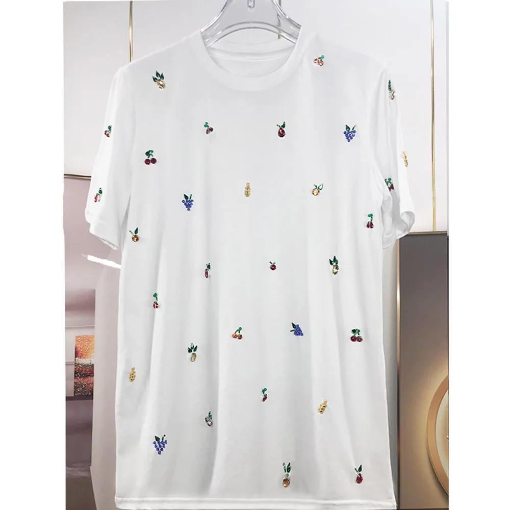 2022 v Lete Sladké Žien Vysokej Kvality Crystal Lištovanie Biele tričko Topy F214