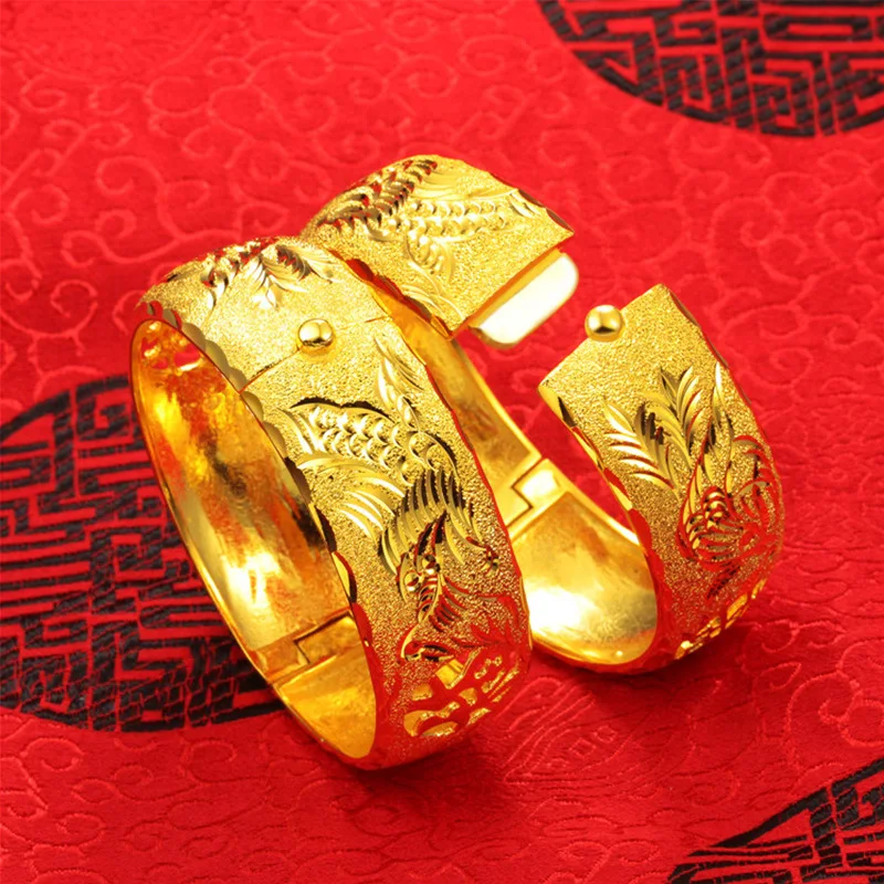 24K Žlté Zlato Dragon Phoenix Svadobné Náramok Prívesky pre Ženy, Luxusné Svadobné Slávnostné Duté Náramky Jemné Šperky Dary