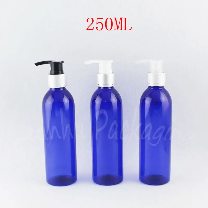 250ML Modrá Kolo Plastovú Fľašu S Striebro Lotion Čerpadla , 250 ML Mlieko / Šampón Čiastkové plnenie do fliaš , Prázdne Kozmetické Kontajner