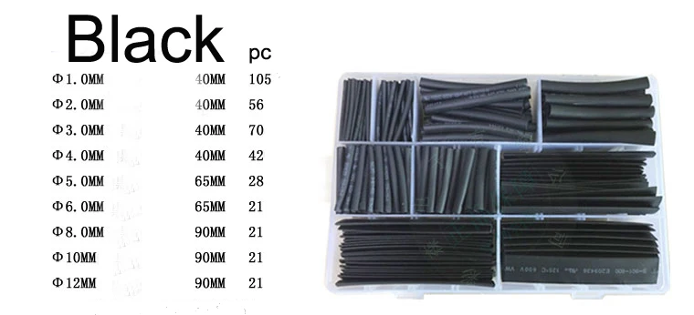 385pc/množstvo 2:1 kábel rukáv kit Black zmršťovacej trubice drôty čierne puzdro súprava 9 veľkosť