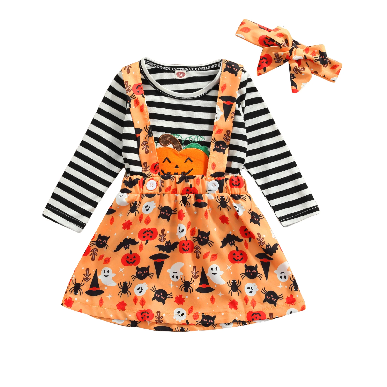 3ks Dievčatá Halloween Oblečenie Sady Deti Oblečenie Prúžok Dlhé Rukávy T-Shirt+Karikatúra Tlače Podväzky Sukne + hlavový most , 1-6 Rokov