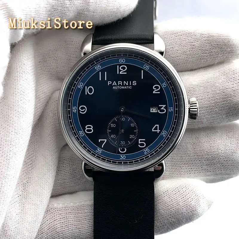 42mm top značky Parnis mužov je nové mechanické hodinky strieborné prípade, modrá dial dátum kožené automatické hodinky 2963