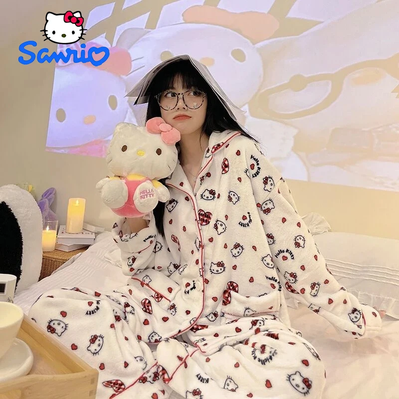 Anime Sanrio Hello Kitty Pajama Nohavice Coral Pyžamo dámske Roztomilý Sleepwear Zahusťovanie Flanelové Kawaii Pyžamo Nastaviť Tepelnej Pajama