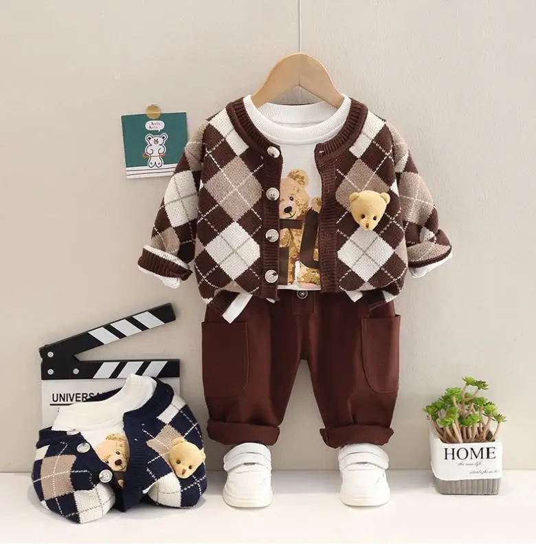 Autor deti, Detské oblečenie sady Batoľa chlapci tepláky Cartoon Medveď cardigan sveter košele nohavice 3ks Boutique Oblečenie