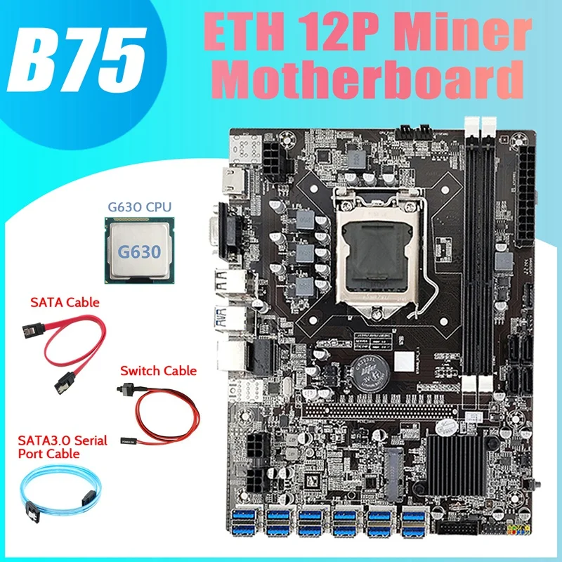 B75 ETH Baník Doske 12 PCIE Na USB+G630 CPU+SATA3.0 Sériový Port, Kábel usb+SATA Kábel+Switch Kábel LGA1155 Doska