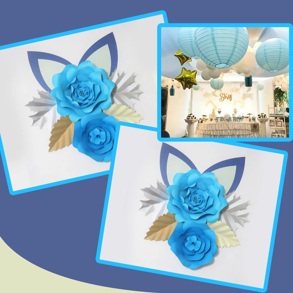 Baliaci papier Blue DIY Papierové Kvety, Listy nasadené Uši Kulisu Pre Dieťa Sprcha Deti Narodeniny Škôlky Stenu Deco Video Tutoriály