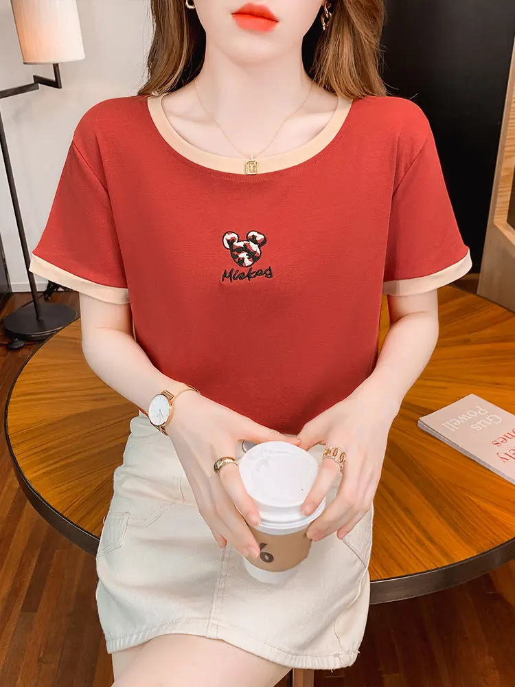 Bavlna krátky rukáv dámske tričko 2022 nové letné Japonské výšivky dizajn zmysel nika dámskej módy všestranný top