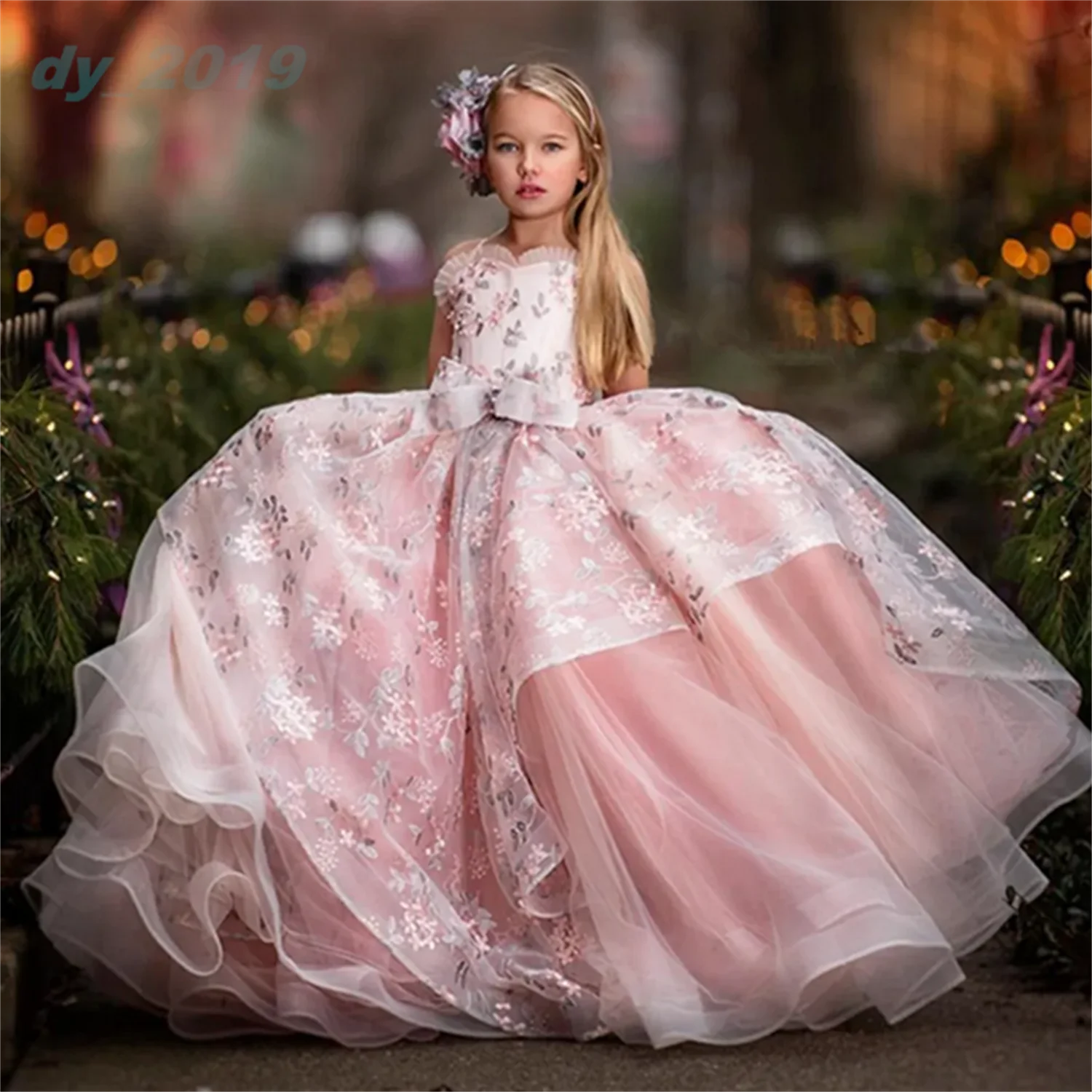 Blush Pink Čipky Kvetina Dievča Šaty Luky Detí na Prvé Sväté Prijímanie Šaty Princezná Formálne Tylu plesové Šaty, Svadobné Party Šaty