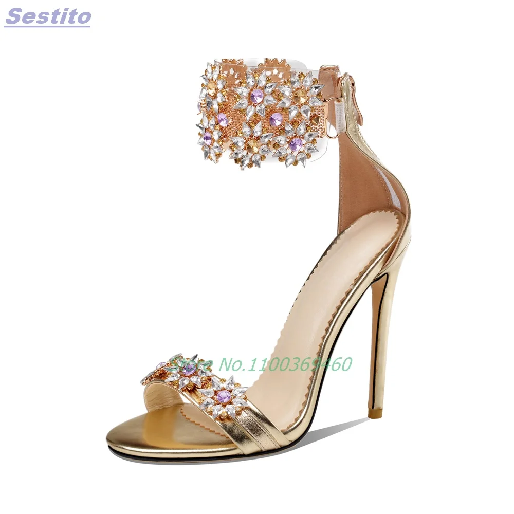 Crystal Diamante Bling Sandále Stiletto Vysokým Podpätkom Otvorené Prst Späť Na Zips Zlato Farbou Sexy Luxusné Spoločenské Topánky Žien Lete