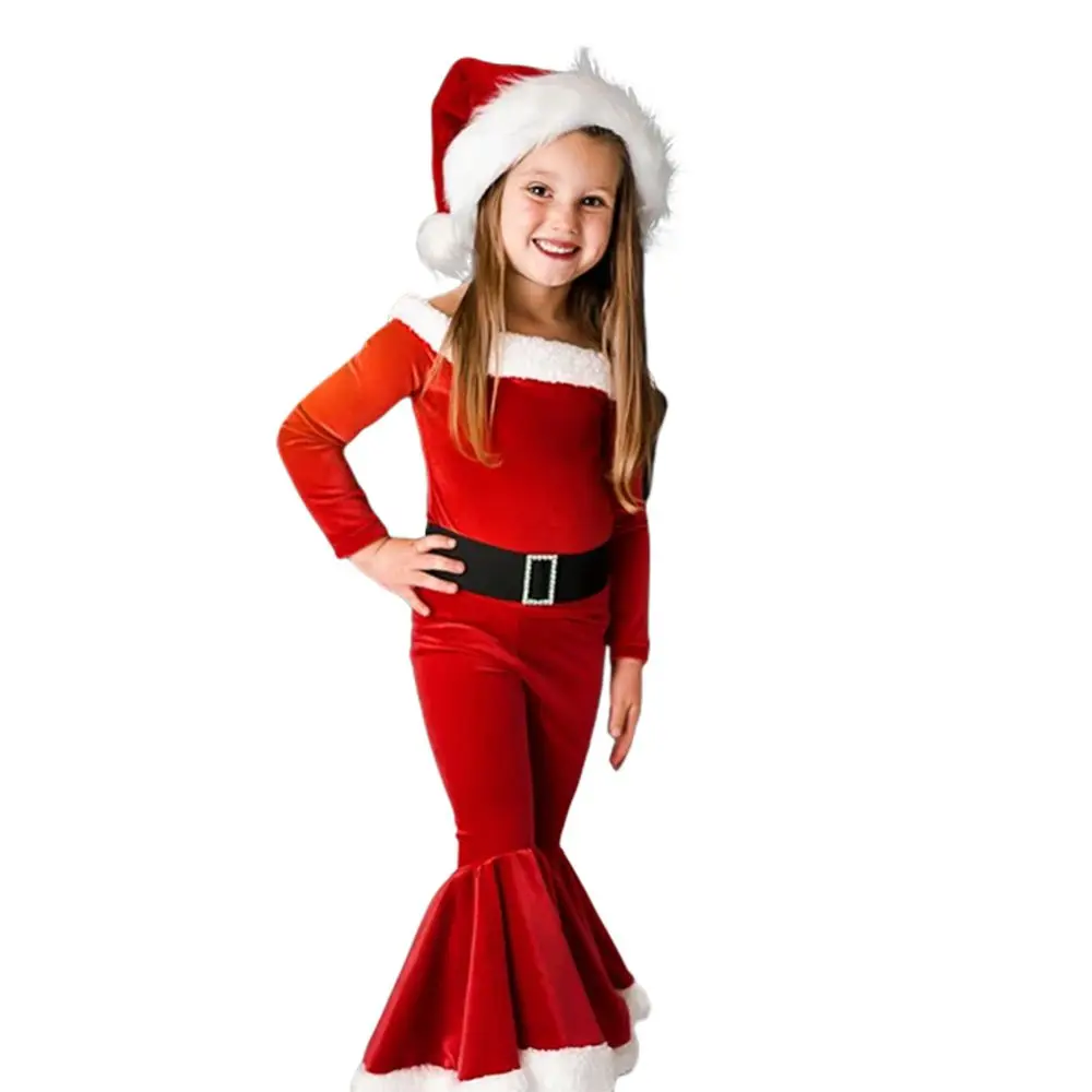 Dieťa Dievča Vianočné Oblečenie Nastaviť Pulóver S Dlhým Rukávom Top+Bell Spodnej+Klobúk Velvet Vianoce, Santa Claus Kostým Batoľa Oblečenie Set