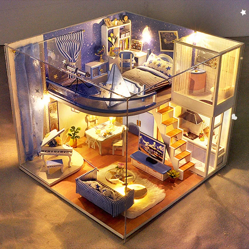 DIY Ručné doll house music + LED svetlo klavír villa Duplex budovy, drevené miniatúrny domček pre bábiky s nábytkom ďalekohľad izba hračka
