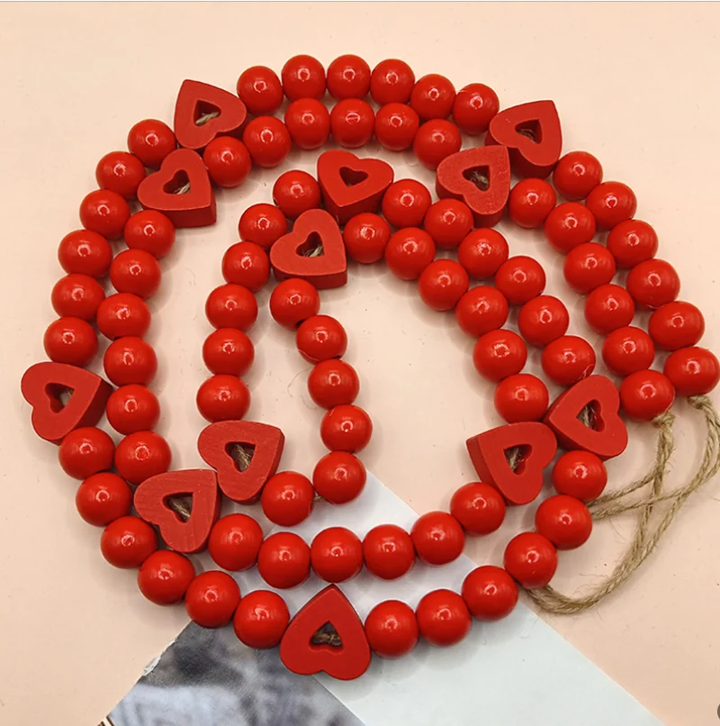 DIY Červené Drevo Perličkové Girlandy s Strapce Valentína Korálky Vence Pre Ratanový Macrame Stene Visí Boho Domova
