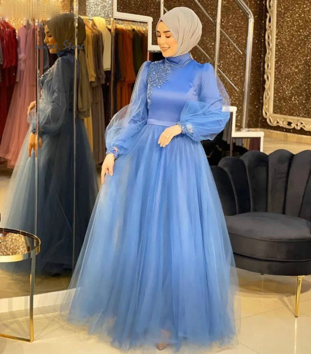 Elegantné Modré Moslimských Prom Šaty S Rukávmi Vysoká Krku Čiaru Dlhú Formálne Šaty 2020 Lacné Arabčina Večerné Šaty Celej Dĺžke