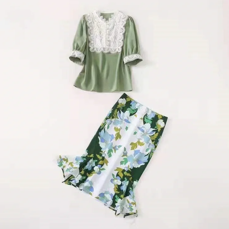 Európske a Americké dámske oblečenie na leto 2021 päť-quarter sleeve tričko Vytlačené fishtail sukne Módne zelenej farby