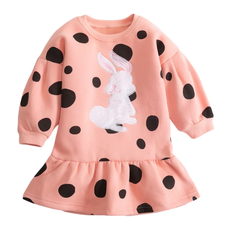Frocks pre Dieťa Dievča Značky Jeseň Oblečenie Bunny Nášivka Batoľa Polka Dot Hrubé Dlhý Rukáv Jeseň Šaty pre Deti 2-7 Rokov