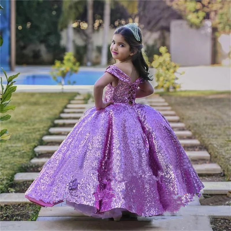 Kvetina Dievča Šaty Purple Sequined Pozlátko Sprievod Sukne Princezná Mimo Ramenný Korzetu Chrbta Deti Party Šaty