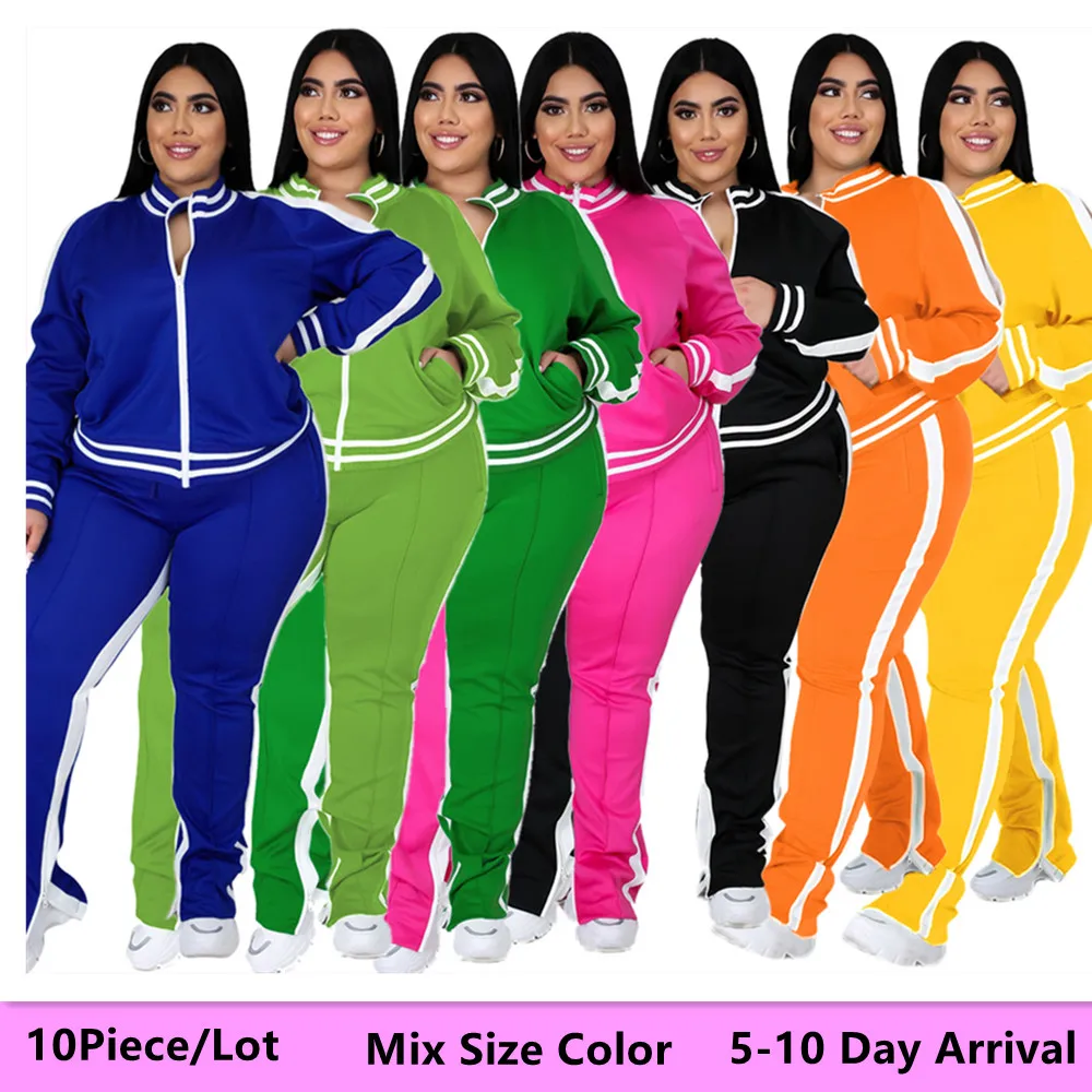 L-5XL Mix Veľkosť Farbu Väčšinu Položiek Veľkoobchod Veľa Plus Veľkosť 2 Dielna Sada Ženy Sweatsuit Zip Pruhovaný Top Tepláky 5-10 Deň Príchodu
