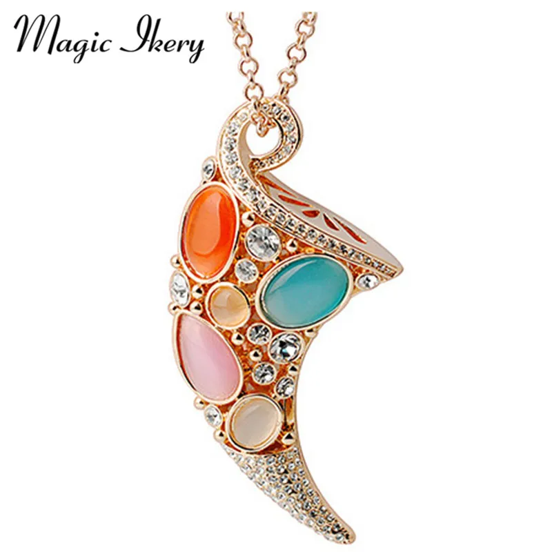 Magic Ikery Rose Gold Color Crystal Opal Láska horn kabát dlhé náhrdelníky turecký Šperky, módne náhrdelníky pre ženy 2016 00024