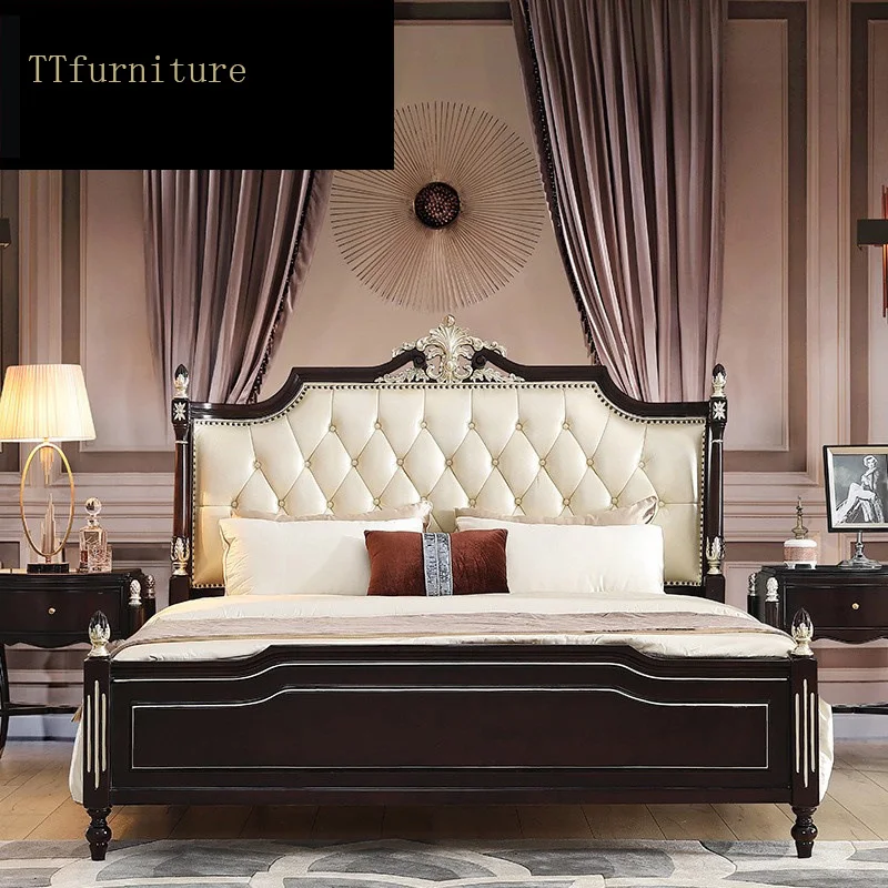 moderný európsky taliansky masívneho dreva originálne kožené postele Módne Vyrezávané luxusné francúzske spálňa nastaviť nábytok king size jx108