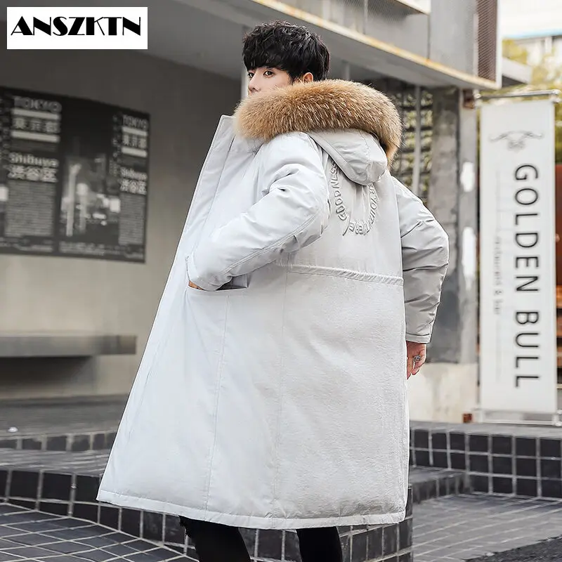 Muži Zimné oblečenie 2021 dlho nadol bunda pánske výšivky voľné kapucňou páry pribrala teplý kabát ženy biela kačica dole kabát