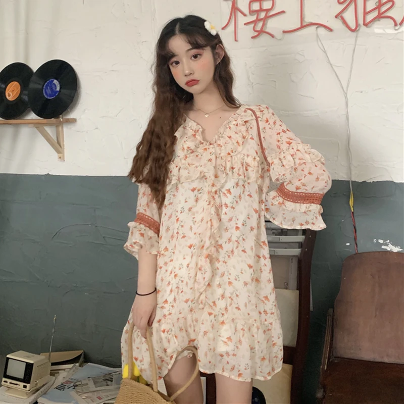 Módne dámske Letné kórejský Sladké lolita šaty Kvetinový tvaru Šitie Rozstrapatené Šifón-Krátke Rukávy Voľné Zoštíhľujúce Šaty