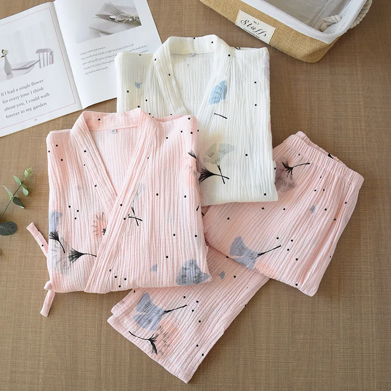 Na jar a v Lete Čistá Bavlnená Priadza Kimono Pyžamo tvaru Tlač Plus Veľkosť Pijama Mujer Plavky Ženy 2 Kus Sleepwear