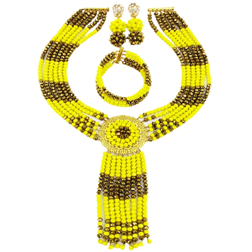 Nepriehľadné Žltá Zlatá Hnedá Crystal Afriky Korálky Šperky Set pre Ženy Nigérijský Svadobné Dary 6CXLS10