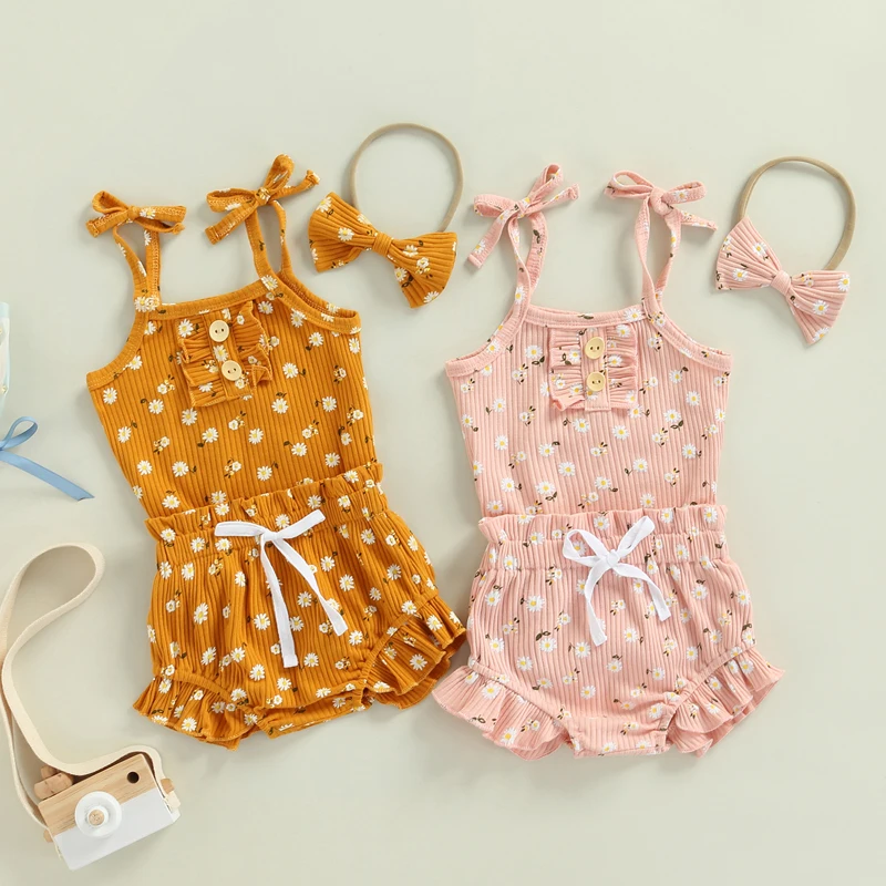 Novorodenca Dievča Tank Top Romper+Bloomers Šortky Rebrovaný Oblečenie Roztomilý Letné Oblečenie Set