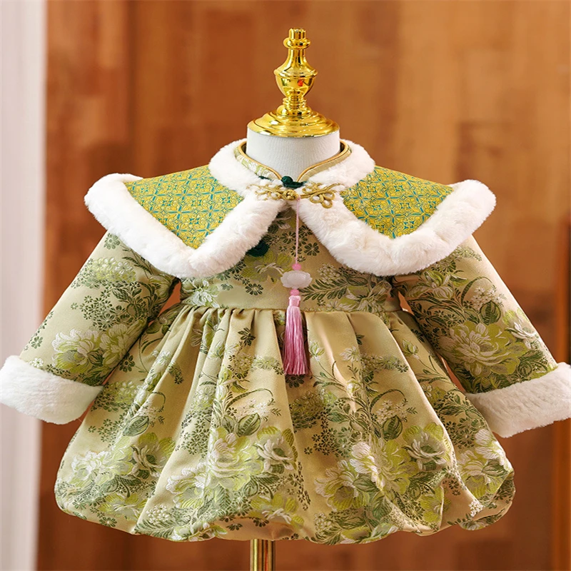 Nový Rok Hrubé Deti Hanfu Čínskych Ľudových Krojoch Baby Girl Tanečné Nosiť Víla Cosplay Orientu, Antických Zelený Kvetinový Tlač Šaty