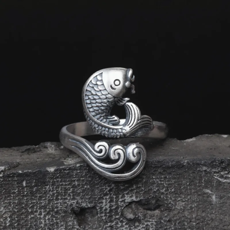 Otvorte Čínskych Etnických Šťastie Kapor & More, Vlny Starožitné Replika Zábal Krúžok 925 Sterling Silver Vintage Koi Fish Jemné Šperky pre Ženy