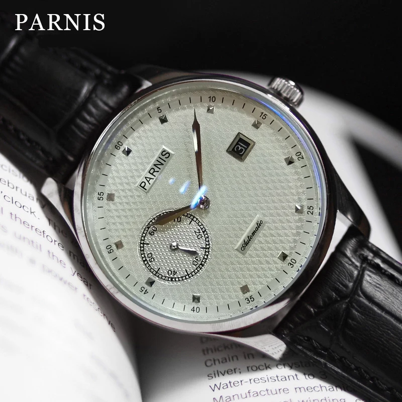 Parnis 43mm Automatické pánske Hodinky Power Reserve Muži Mechanické Hodinky Náramkové hodinky Kalendár 2021 Top Značky Luxusných s box darček