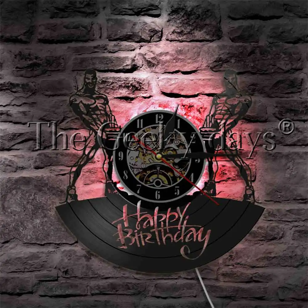  Pekný Svalové Muži S Narodeninovej Torty LED Svetelné Znamenie Vinyl Nástenné Hodiny Fitness Happy Birthday Dekoratívne Osvetlenie