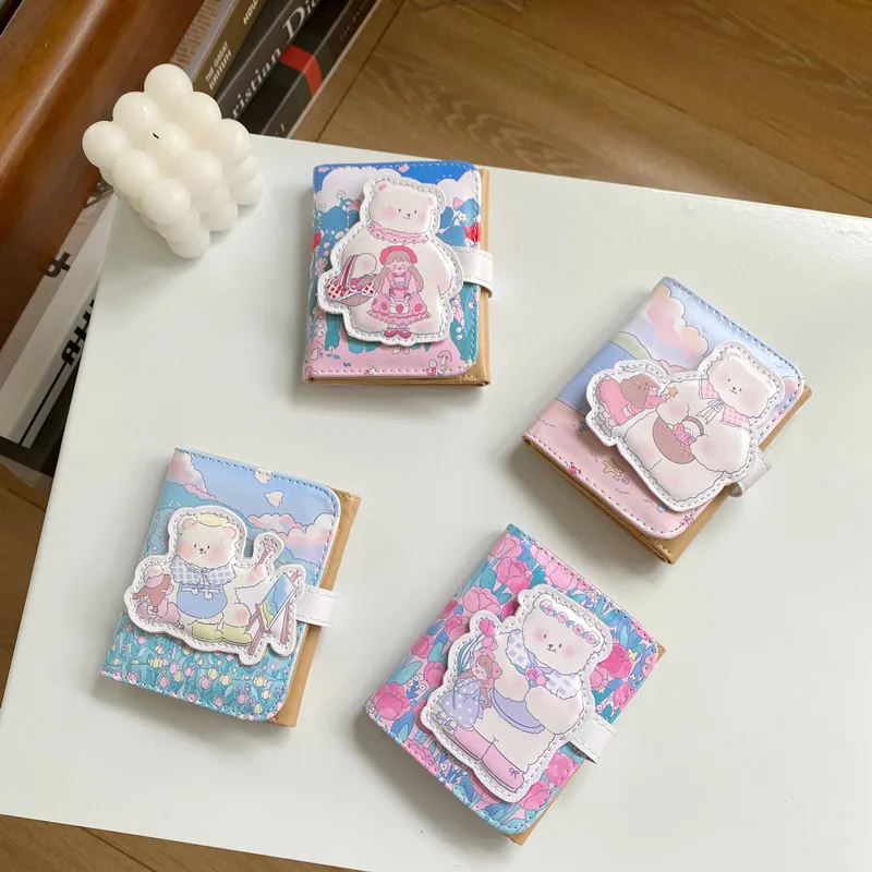 Roztomilý Medveď Peňaženka Pre Ženy, Japonských A kórejských Maľovanie PU Tri-Fold Krátke Modul Tlačidlo Multi-Card Prenosný Mini Mince Kabelku Nové