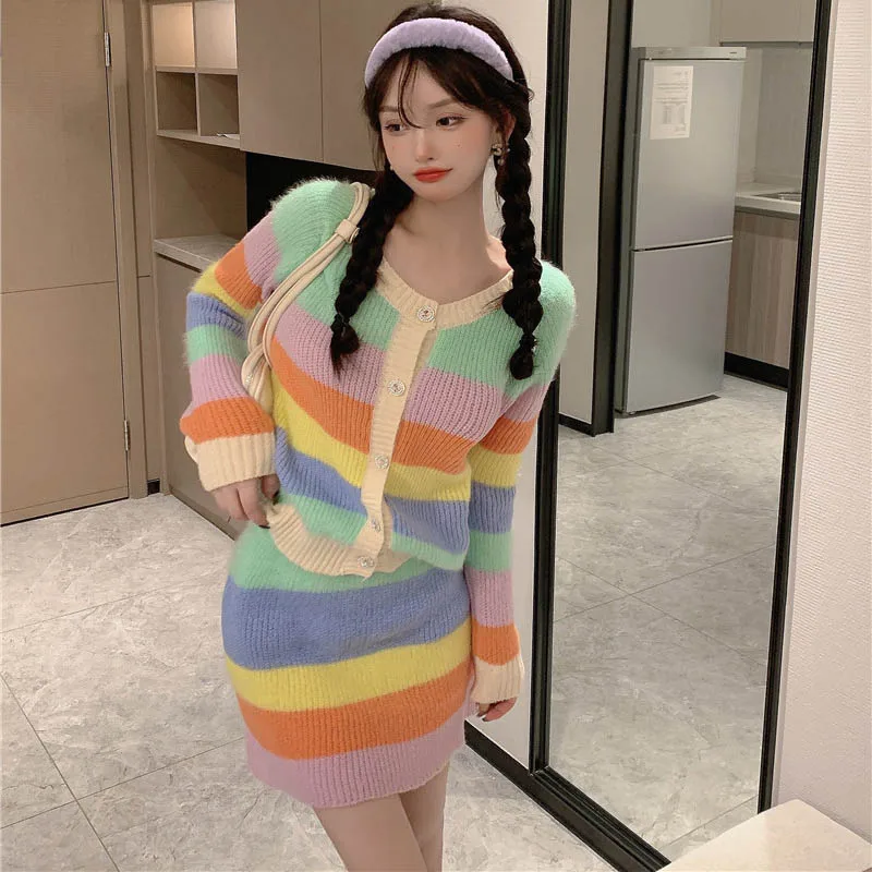 Sladké Mäkké Dievča Rainbow Oblečenie Kórejský Jeseň Pletený Sveter 2 Ks Súpravy A Y2k Sexy Punk Štýlu-Line Mini Sukne Kawaii Oblečenie