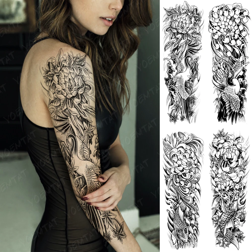 Tradičné Retro Prevod Tetovanie Chryzantéma Koi Lietať Žeriav Realistické Nepremokavé Dočasné Tetovanie Nálepky Ženy Muži Body Art