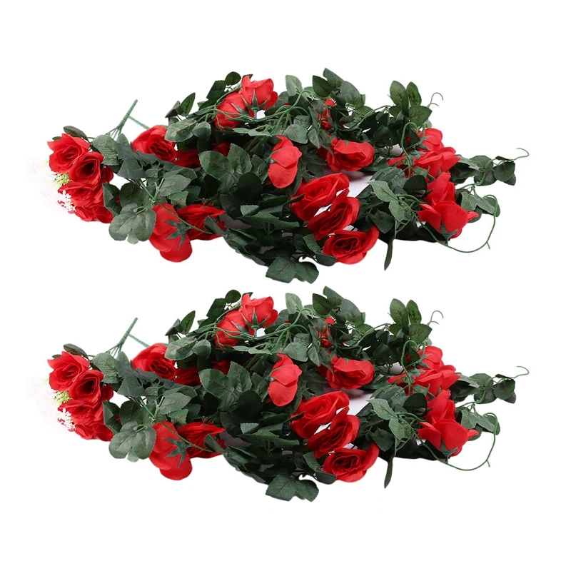 Umelé Ruže Falošné Kvety Visí Rastlinné Steny Domov Balkón Kôš Dekor Pack 2