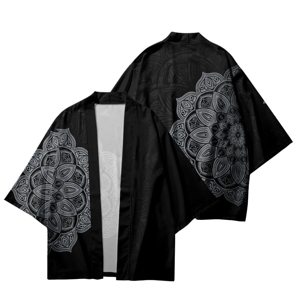 Vintage Mužov Yukata Haori Obi Black Kvetinový Patchwork Tlač Kimono Cardigan Kabát Japonský Samuraj Oblečenie Letné Beach Top
