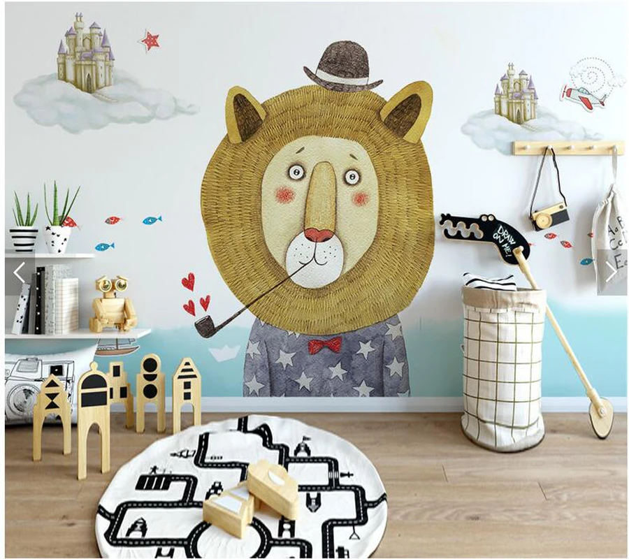 Vlastné deti tapetu, jednoduché cartoon lev nástenné maľby pre obývacej izby, spálne, gauč, TV joj, nástenné dekoračné tapety