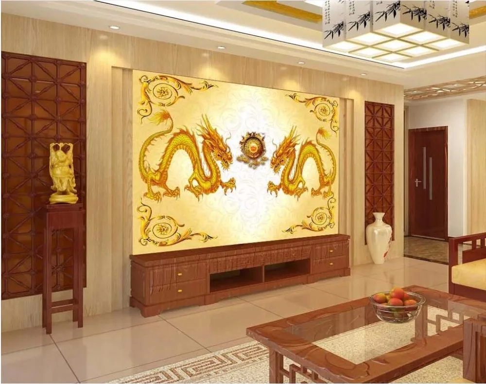 Vlastné nástenné 3d foto tapety Čínsky štýl double dragon hrať loptu dekor maľovanie 3d nástenné maľby, tapety na steny, 3 d