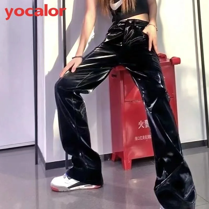 Yocalor Streetwear Y2K Módne Kože Vysoký Pás Nohavice Jeseň Gotický Harajuku Dna Nohavice Pre Ženy 90. rokov Vintage Oblečenie