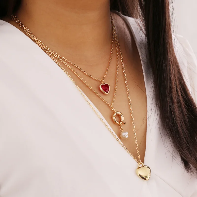 Červené Srdce Imitácia Perly Prívesky, Náhrdelníky pre Ženy, Zlatá Farba Vrstvený Náhrdelník Dlho 2020 Módne Šperky Clavicle Reťazca Nové