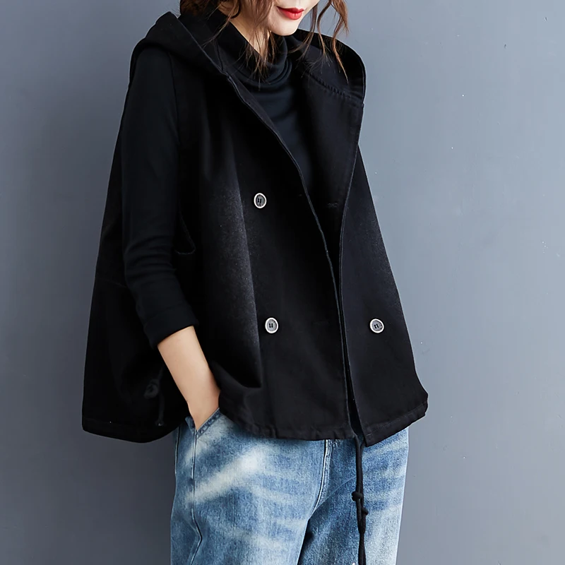 Čierna Denim Ženy Vesta Zimné Kabáty Vintage Dizajn S Kapucňou Bouble Prsia Voľné Bez Rukávov Žena Outwear Vesty, Topy