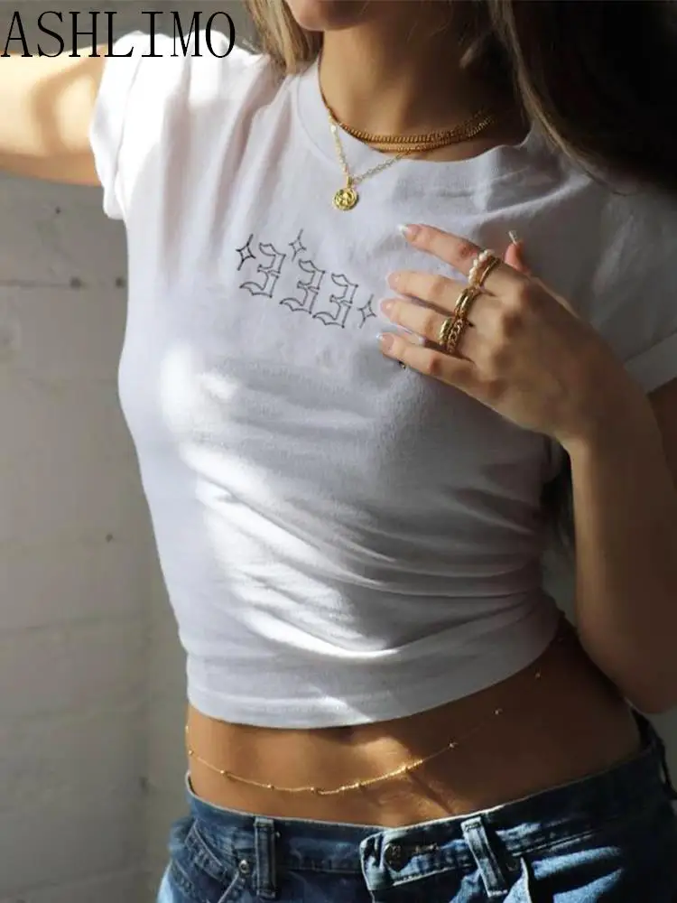 Šťastné Číslo Tlač Žien Plodín Top Osobnosti Y2k E-dievča Tee Estetické Krátky Rukáv T-shirts Harajuku Streetwear Ženský Čaj