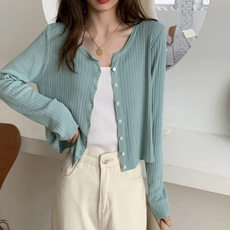 Ženské Pletenie Cardigan tvaru Tlačidlo jednofarebné s Dlhým Rukávom Tenký Slim Krém na opaľovanie Hore Veľkoobchod 2021 Nové Ženské Oblečenie